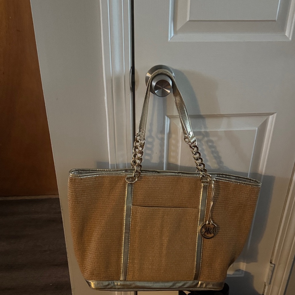 Michael Kors Natural Straw Tote with Gold Trim and Chain Handles